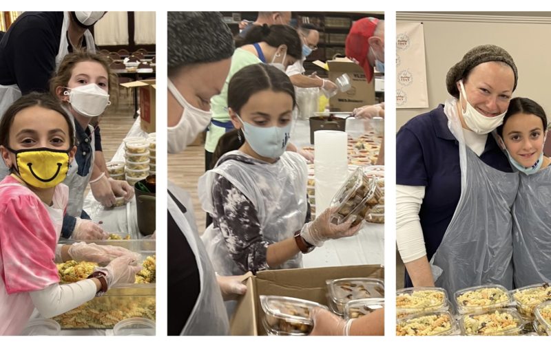 Volunteers packing food boxes